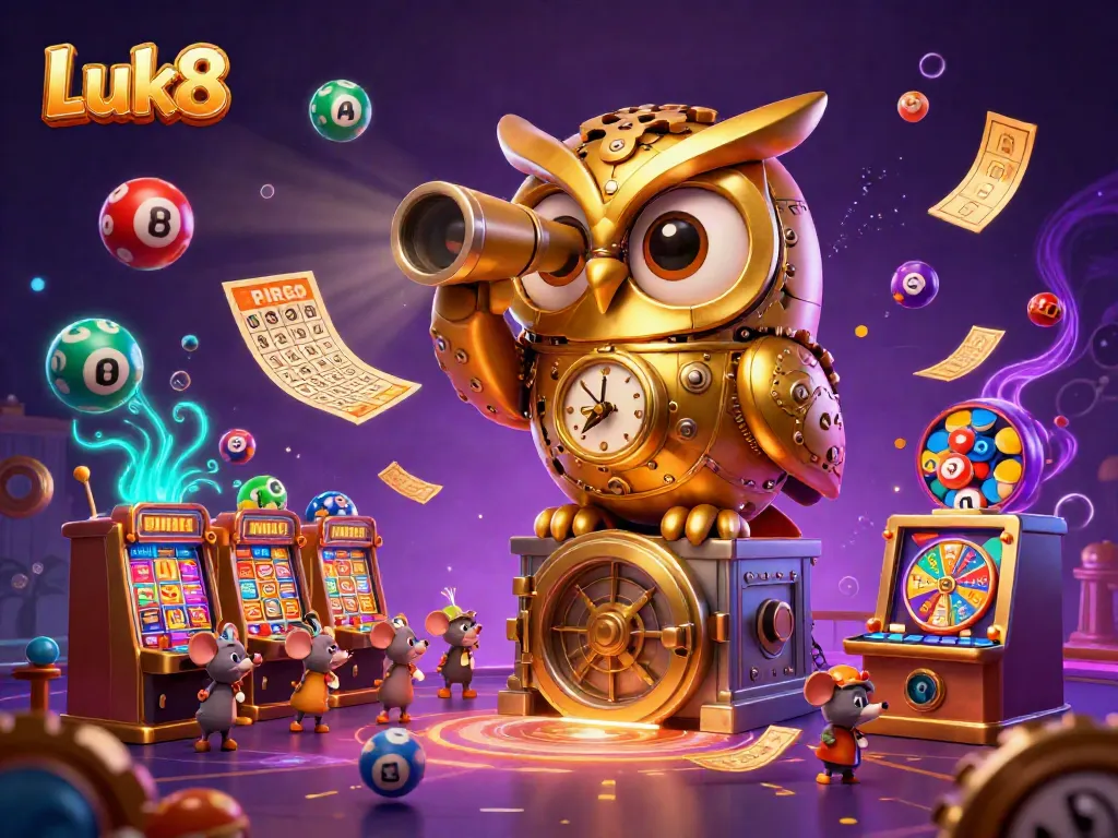 Luk8's vibrant casino scene featuring a golden owl and lively lottery elements.