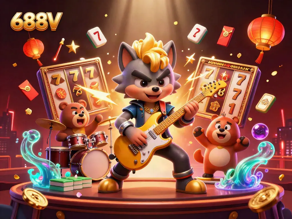 Engage in thrilling gameplay at 688V with dynamic scenes of vibrant slots and characters.