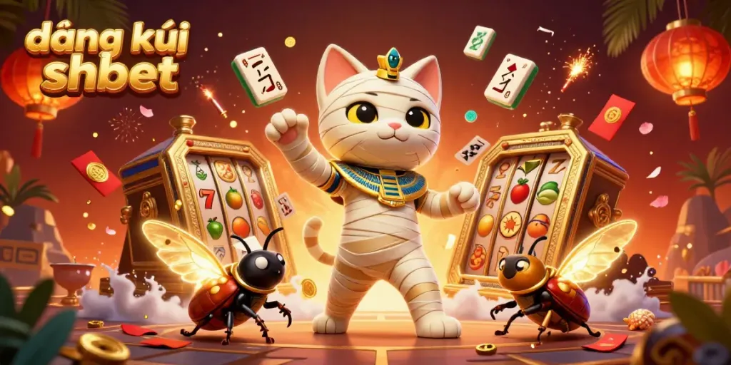Experience đăng ký shbet in a vibrant pyramid casino with a mummy cat and dynamic gambling elements.