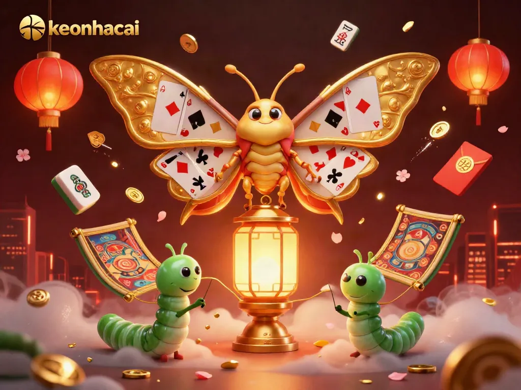Engage in betting excitement with keonhacai, depicted by a golden atlas moth and casino scenes.