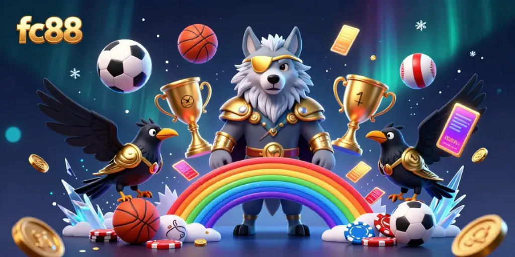 Experience the thrill of winning with fc88, featuring a dynamic Norse-inspired casino scene filled with sports elements and casino excitement.