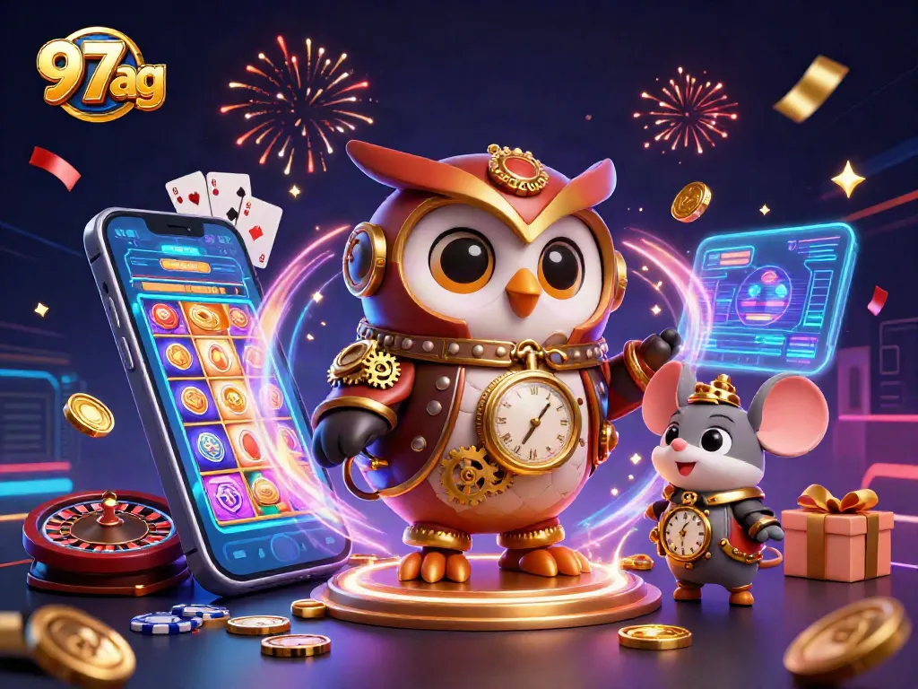 Win big with 97ag as a cartoon owl and mouse spin casino games amidst vibrant excitement!
