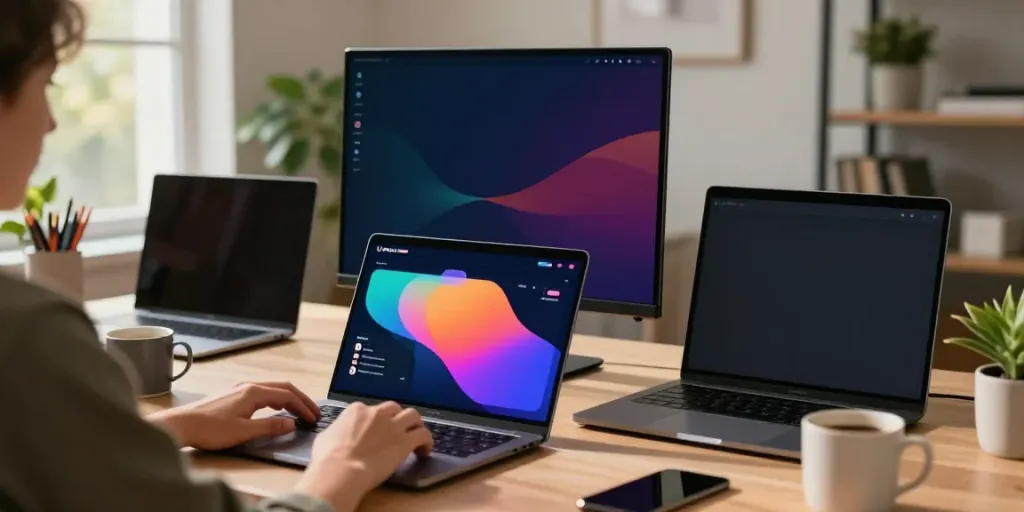 Instalação do Youcine para PC em um ambiente de escritório moderno com pessoa usando laptop e monitor grande.