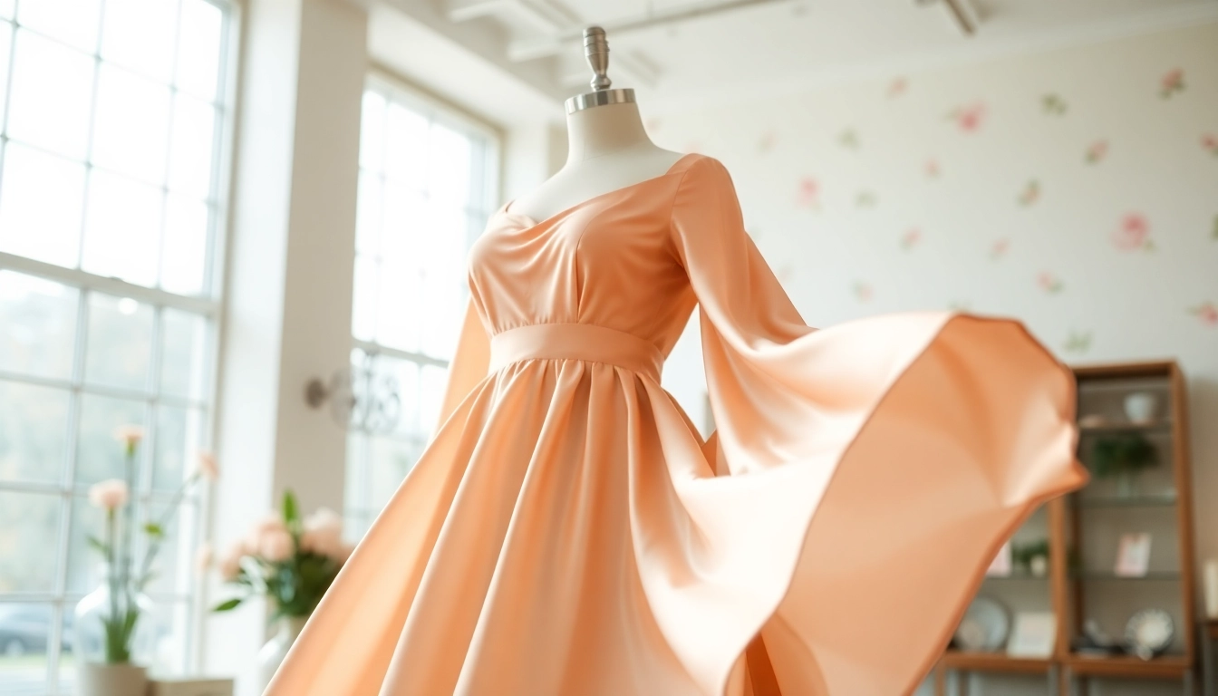 Dresses Manufacturer showcasing an elegant silk dress in a bright showroom with natural light.