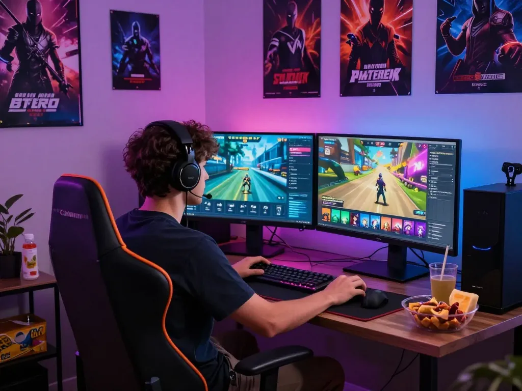 Gamer enjoying HH55 online games in an energetic home environment with vibrant lighting.