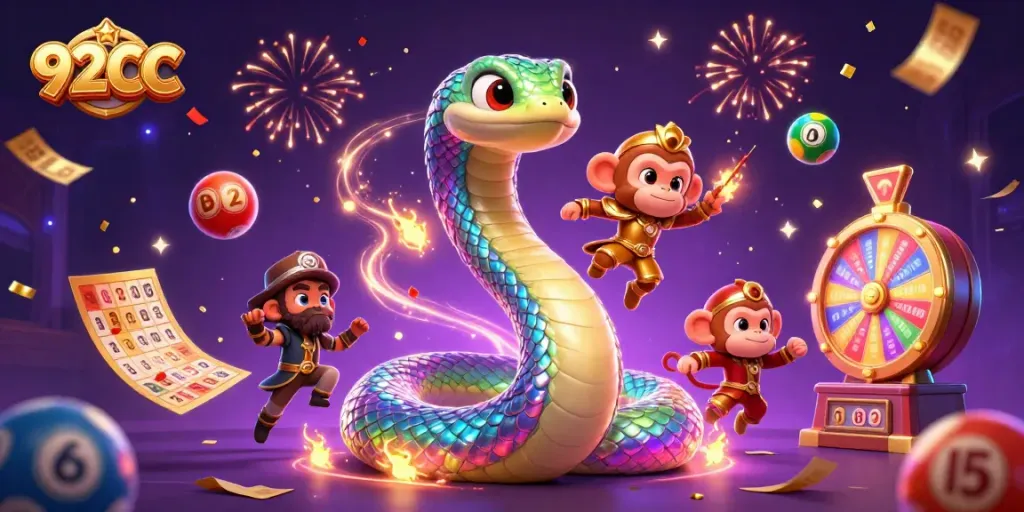 Join the action with 92CC as colorful lottery elements and celebrations thrive in a vibrant casino scene.