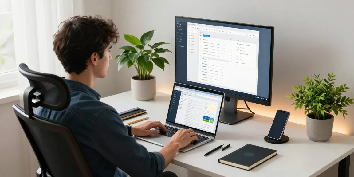 Download WPS Office in a modern workspace, featuring a user engaged with productivity tools and a clean desktop.