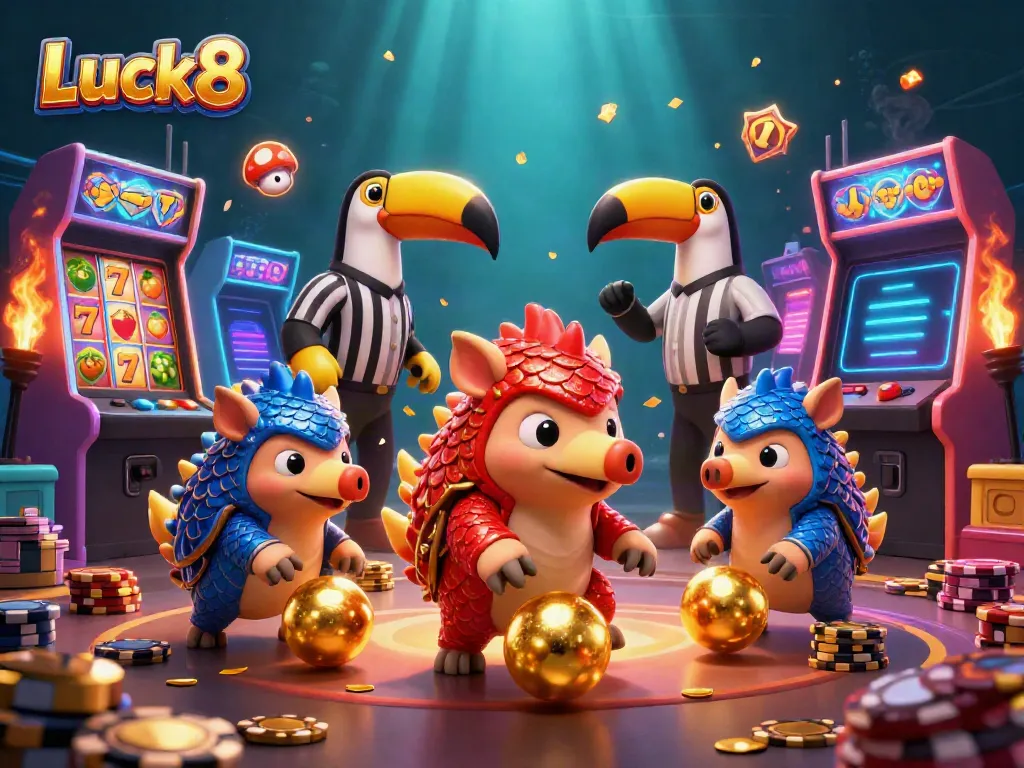 Engaging casino action with Luck8 pangolins rolling in golden balls amid vibrant slot machines.