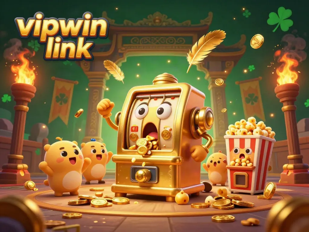 Experience the excitement as the vipwin link jackpot celebration unfolds with vibrant slot machines and golden coins.