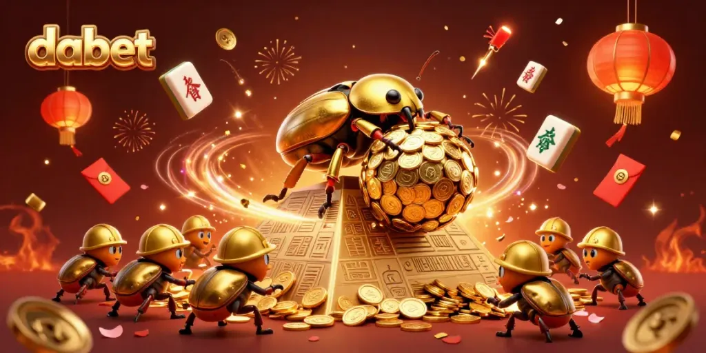 Experience the excitement of dabet with a dazzling scene featuring dynamic cartoon beetles and casino symbols.