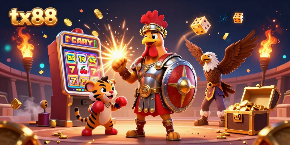 tx88 casino adventure with a gladiator rooster, lively slot machine, and treasure chest