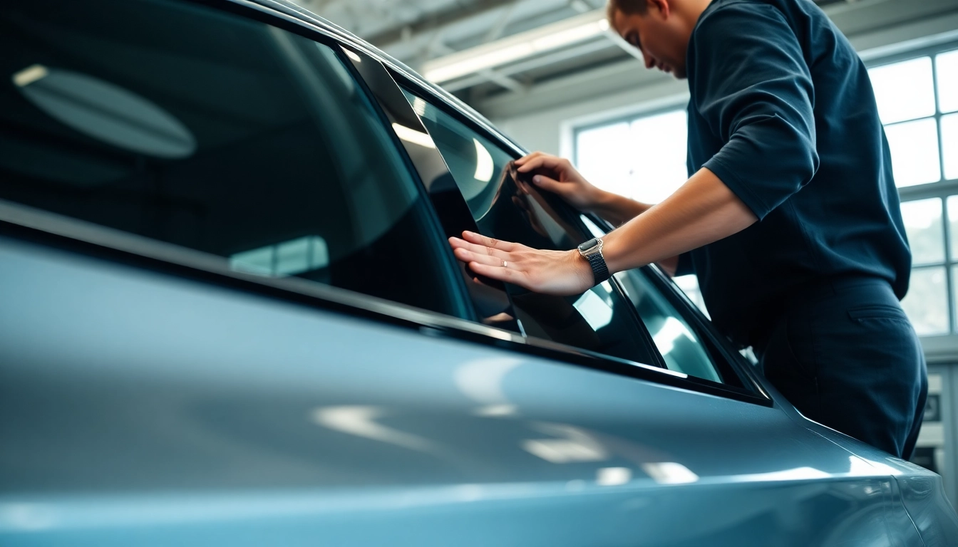 Find expert window tint near me being professionally applied to a modern vehicle.