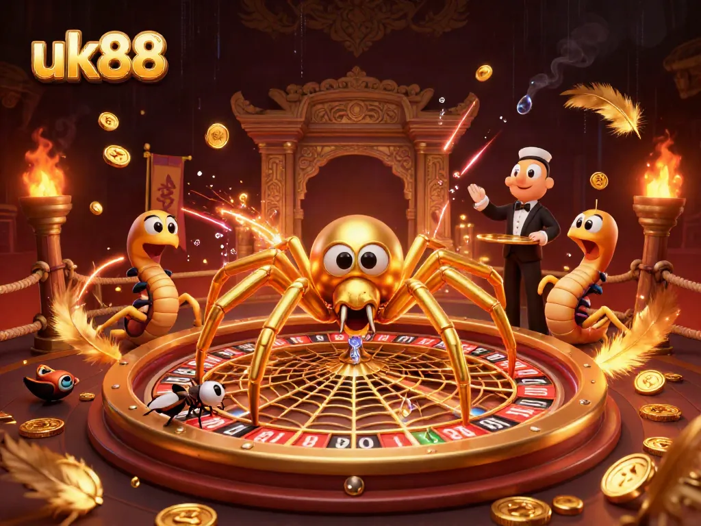 Engage in thrilling betting at uk88 with a roulette-themed golden web, featuring a fly and centipede croupier.