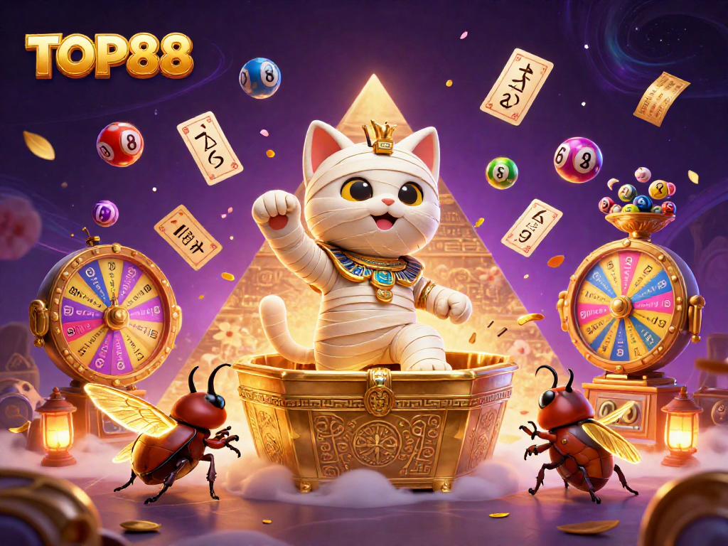 TOP88 features a vibrant scene with a mummy cat and a scarab beetle in a pyramid casino.