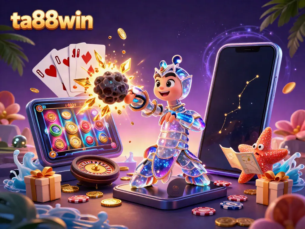Experience thrilling gameplay with ta88win featuring a galactic samurai and starfish surrounded by bursting coins and gaming elements.
