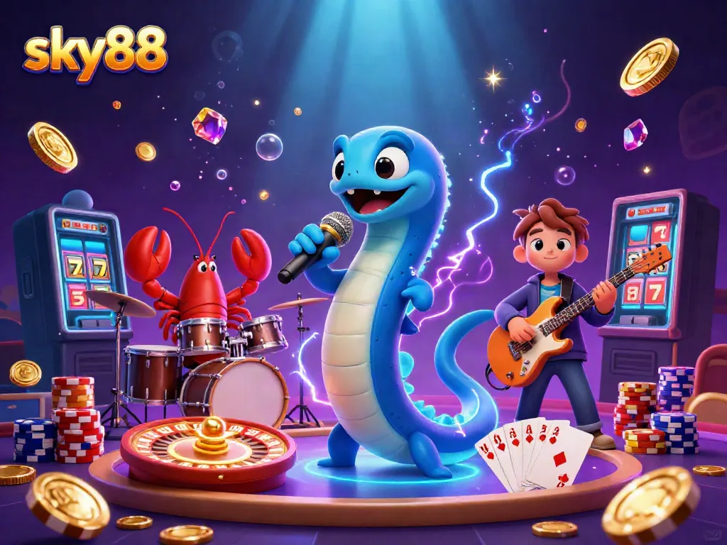 Experience thrilling wins at sky88 with electric eel DJ surrounded by vibrant casino gameplay elements.