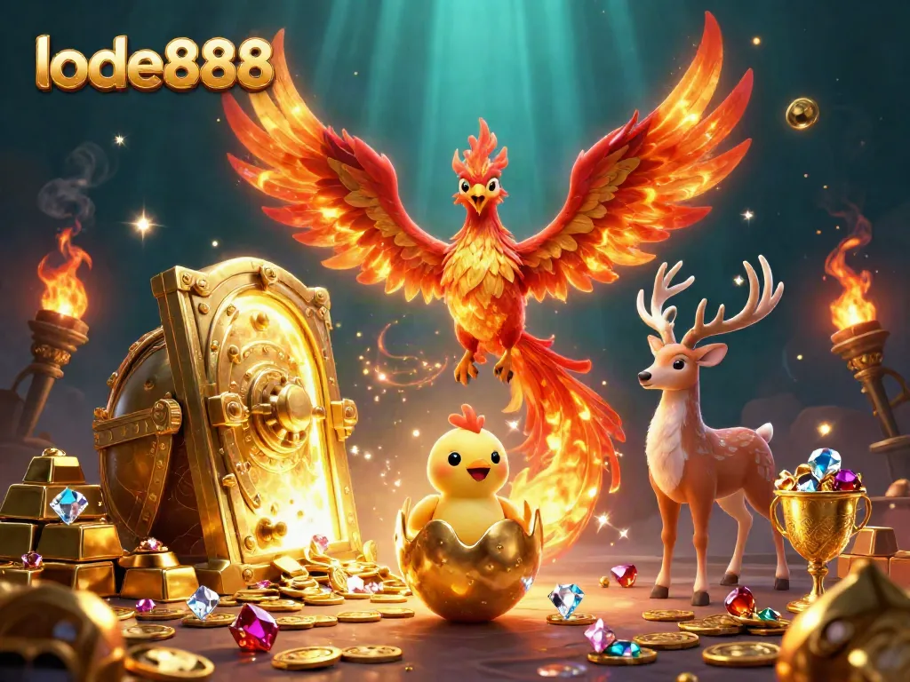 Experience gaming thrills with lode888 as a majestic phoenix soars amidst treasure-rich elements