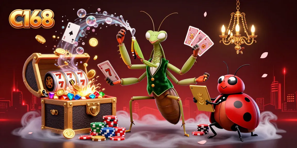 C168 offers a vibrant casino experience featuring a giant praying mantis card sharp and captivating slot elements.