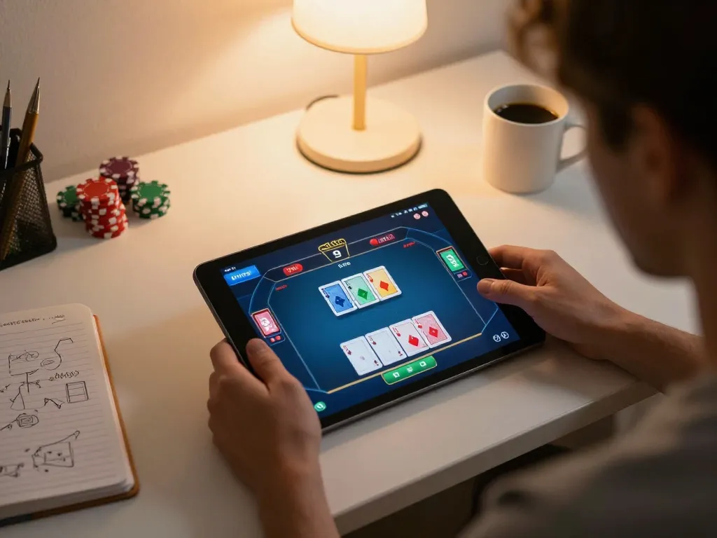 Player engaging with sunwin online poker on tablet, showcasing vibrant cards and chips for a cozy home gaming experience.