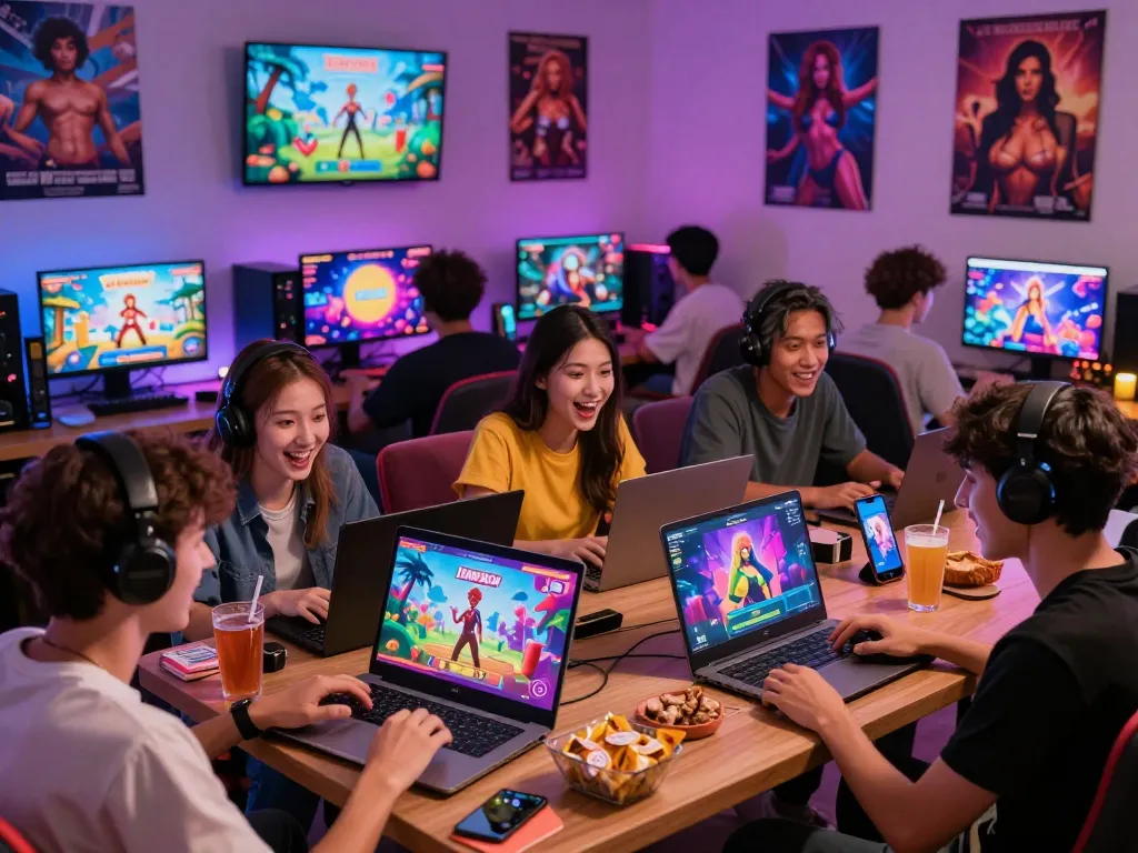 Group of young adults enjoying free porn games on various devices in a vibrant gaming lounge setting.
