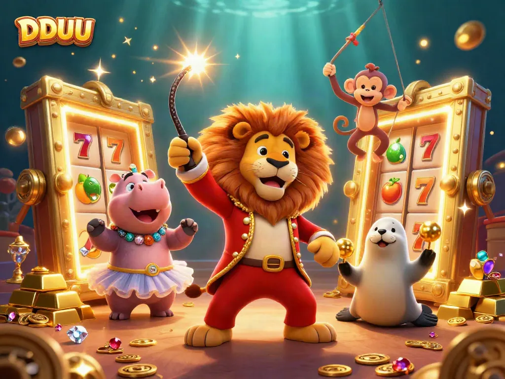 Experience the excitement of DDUU as a lion, hippo, monkey, and seal engage in a thrilling casino scene.