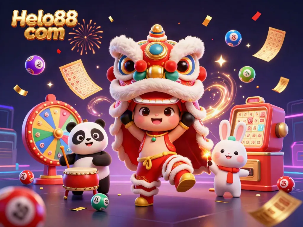 Experience the thrill of gambling at Helo88 com with animated characters celebrating with lottery elements and vibrant casino symbols.