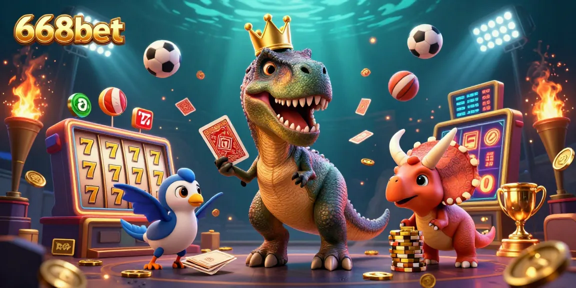 Experience exhilarating gaming at 668bet with a playful dinosaur scene full of cards and chips.