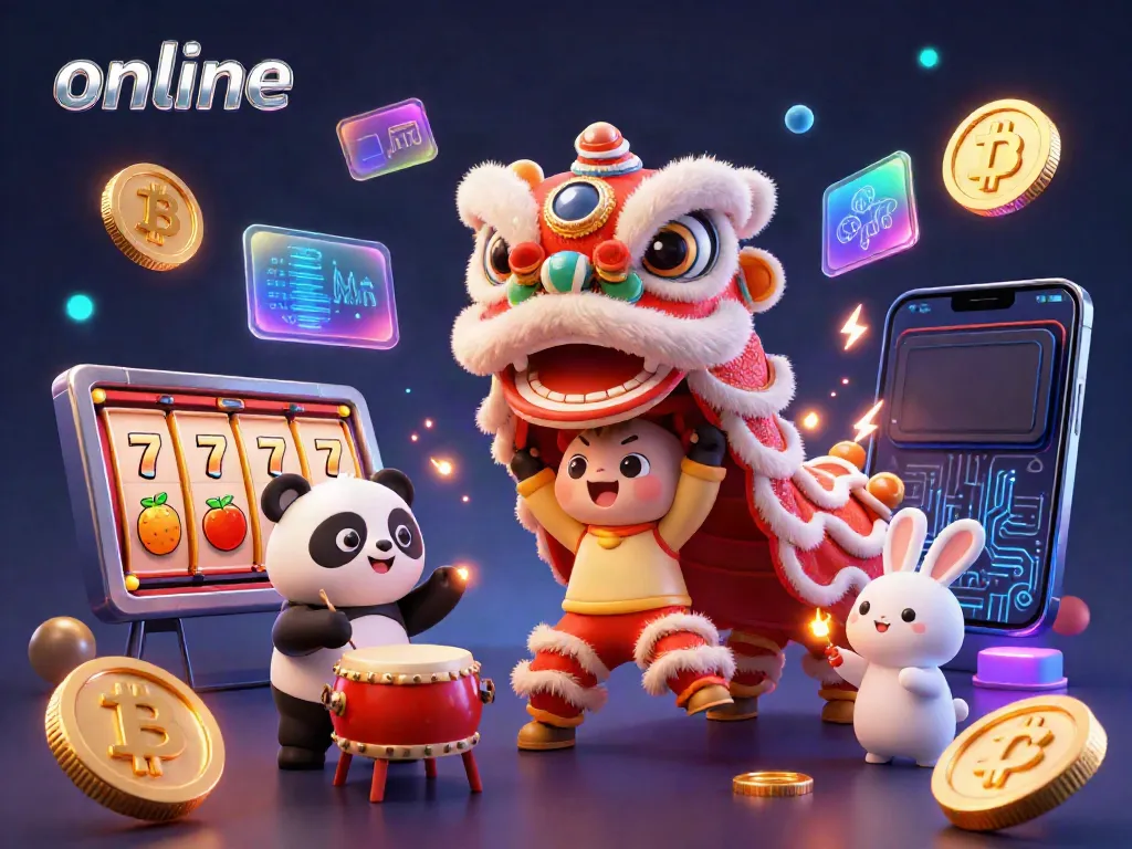 Engage with the vibrant spirit of an online casino, featuring lion dance characters with slot elements amidst neon visuals.