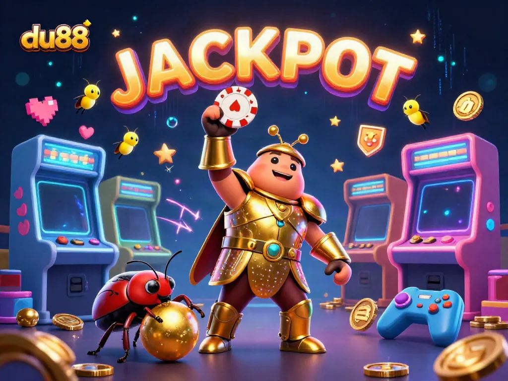 Experience the excitement of du88 with a victorious beetle champion and vibrant casino elements.
