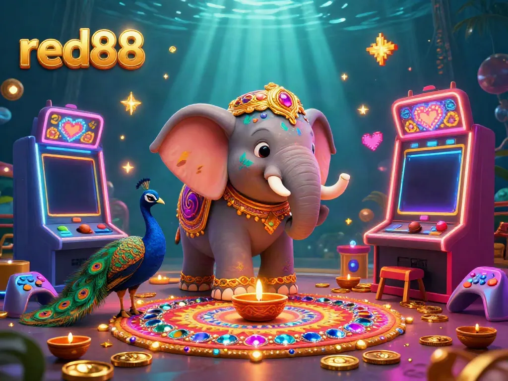 Experience vibrant gaming at red88 with a colorful 3D illustrated casino scene filled with dynamic characters and slot machines.