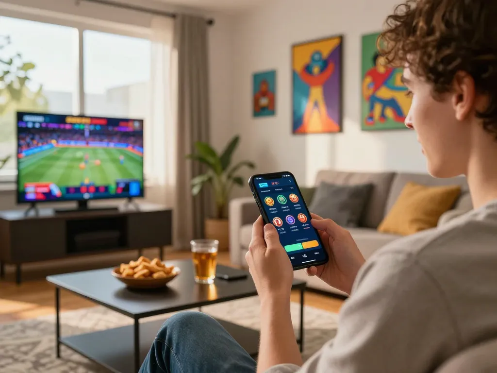 Person playing on the 12Bet app in a cozy living room with snacks and vibrant decor, showcasing modern online gaming.