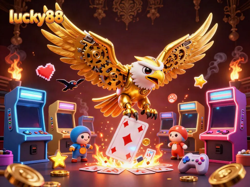 Experience thrilling casino action with lucky88 as a golden eagle dives through holographic cards amidst digital game elements.