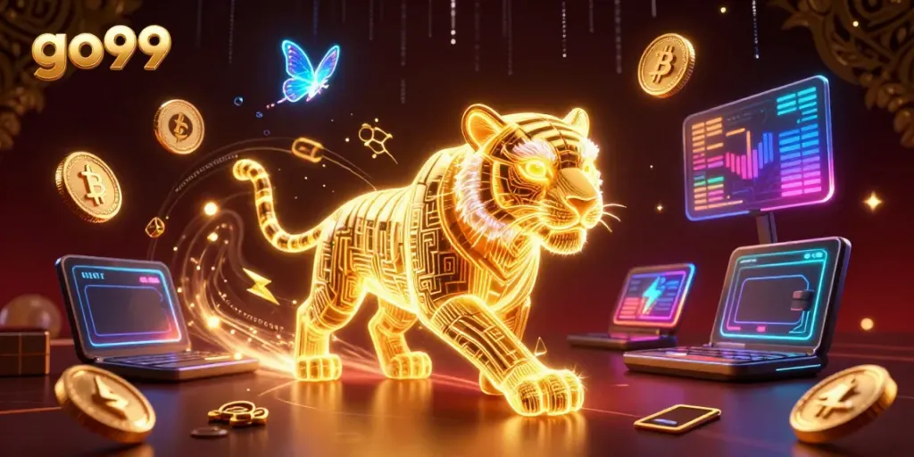 Experience the thrilling action at go99, as a golden tiger prowls amidst digital casino wonders.