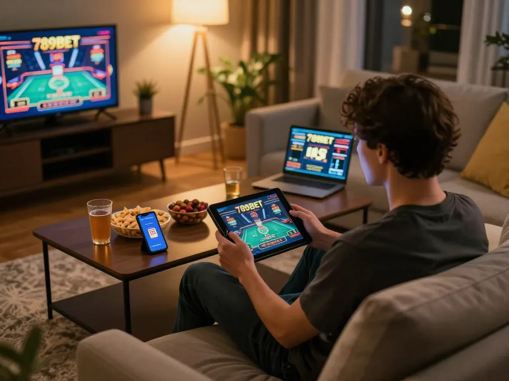 Player enjoying a live dealer game on 789BET tablet in a cozy home setting.