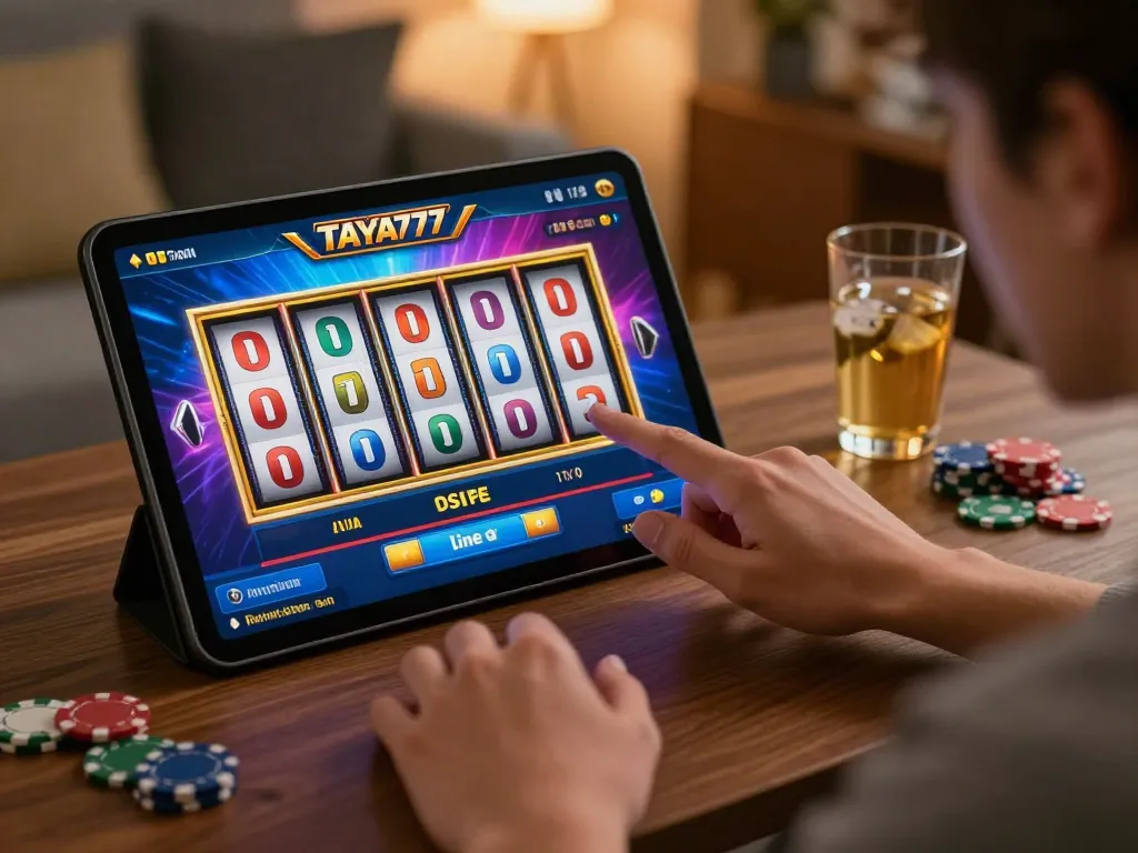 TAYA777 player enjoying dynamic slot games on the mobile app with engaging interface at home