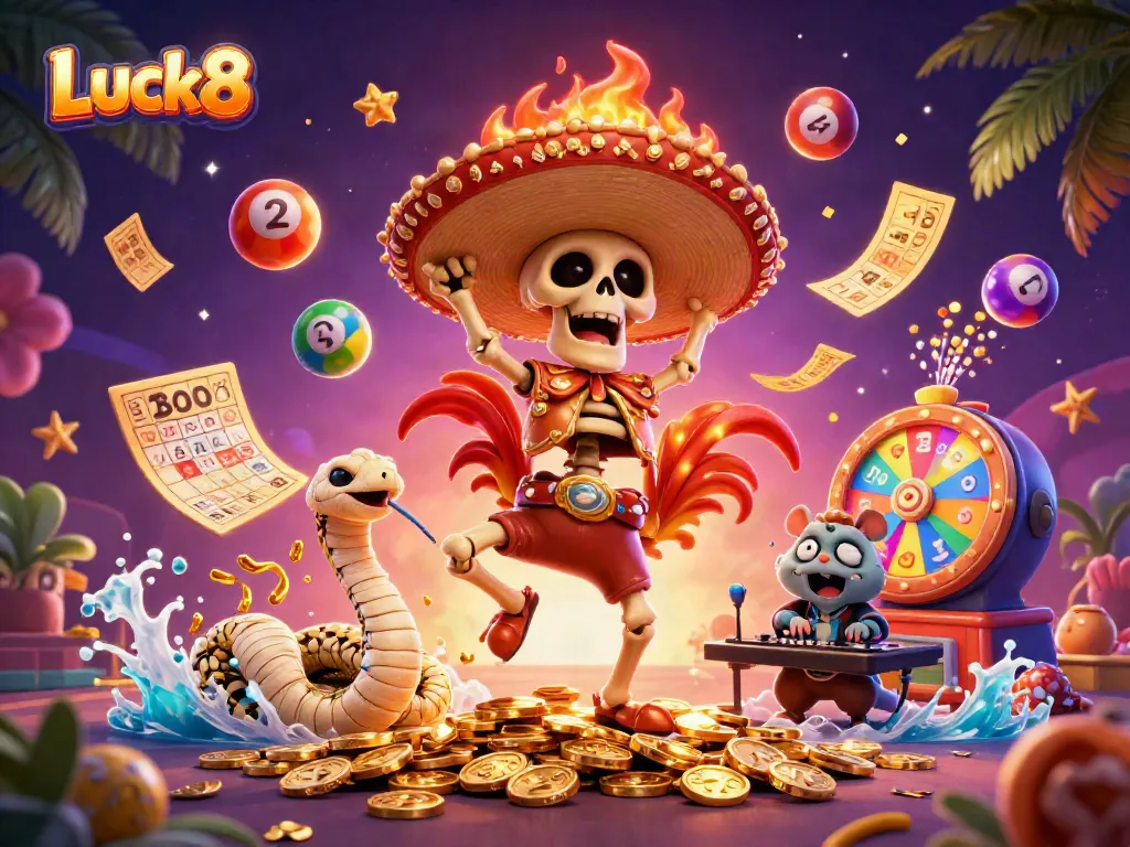 Luck8's dynamic victory scene showcasing a mariachi rooster and a mummy snake amidst vibrant casino elements.
