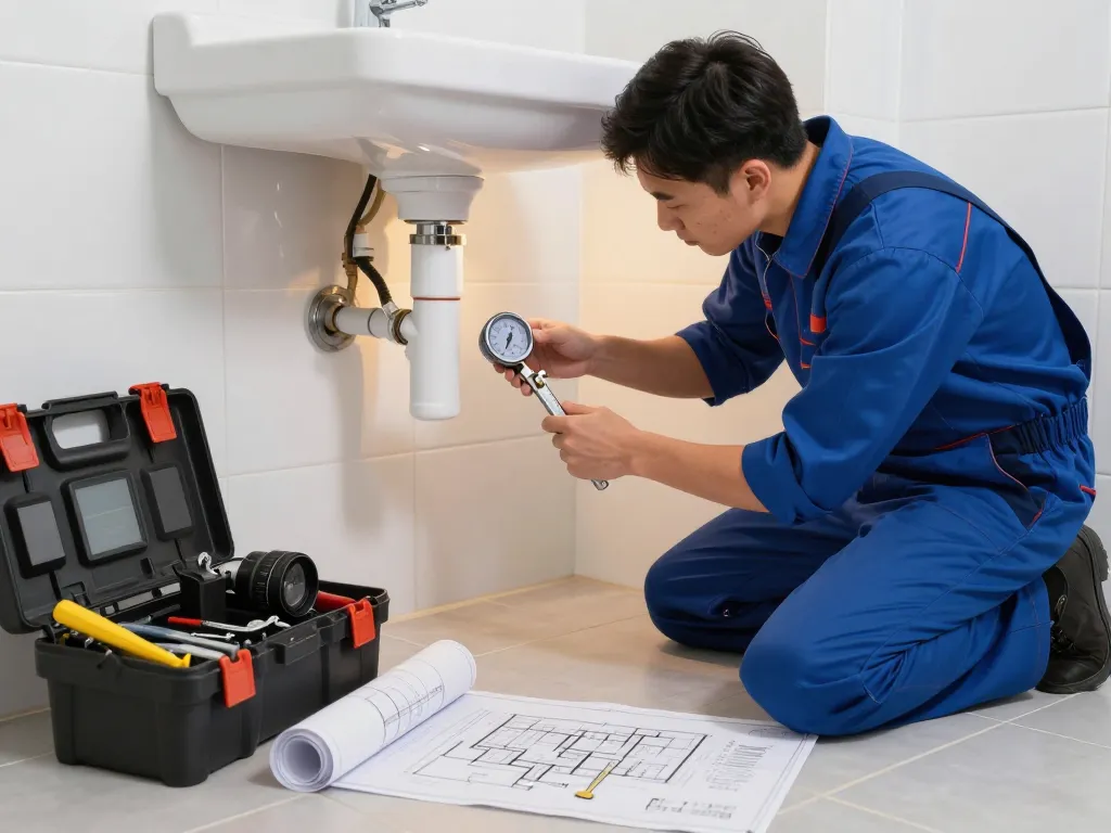 Encanador em São Paulo inspecting plumbing under a sink, showcasing professional plumbing services.