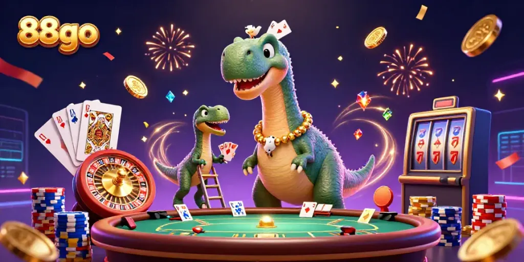 A dynamic casino scene with 88go featuring a cartoon dinosaur and clever raptor in engaging gameplay
