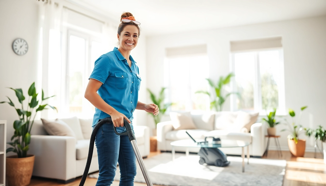 Efficient residential cleaning Georgia in a sunlit home, highlighting a joyful cleaner.