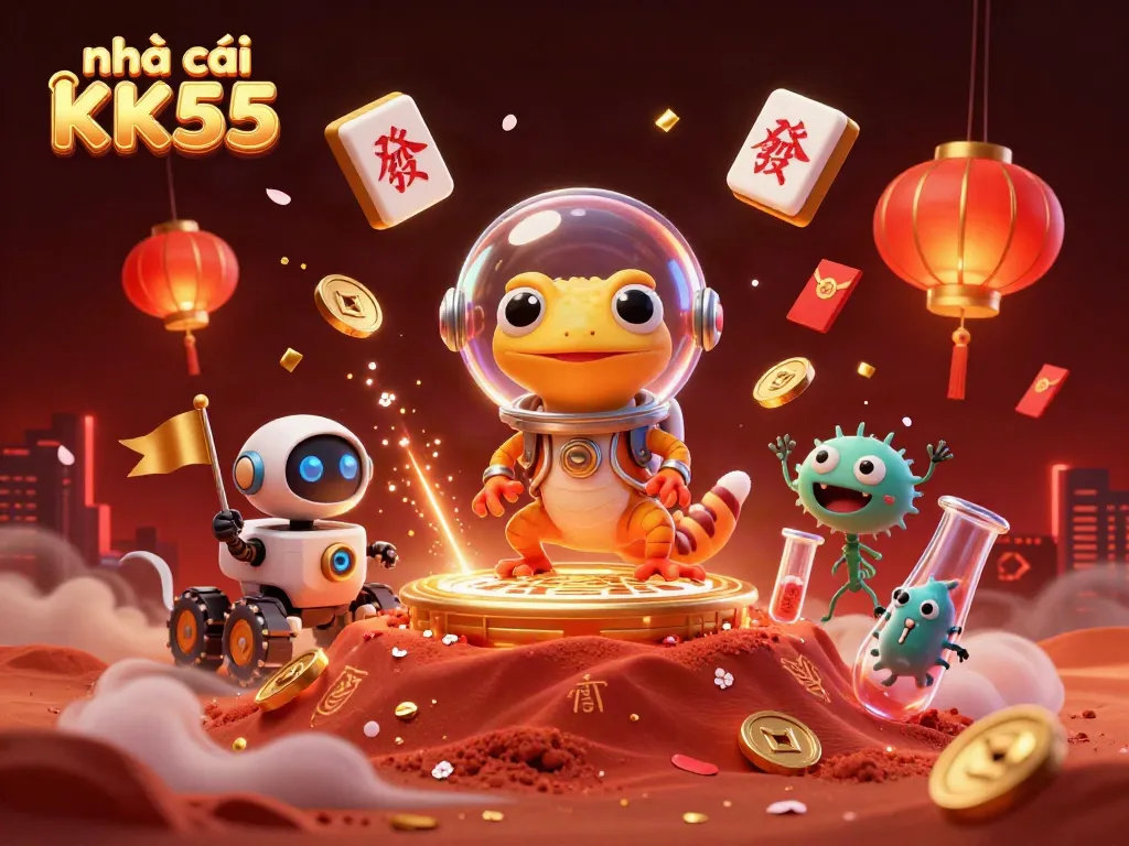 Engaging casino scene featuring nhà cái KK55's cartoon Martian gecko and treasures in a vibrant 3D illustration.