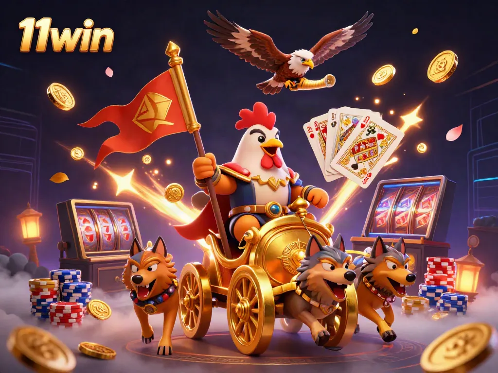 Engage with the thrilling experience at 11win with a cartoon rooster warlord in a dynamic casino scene.