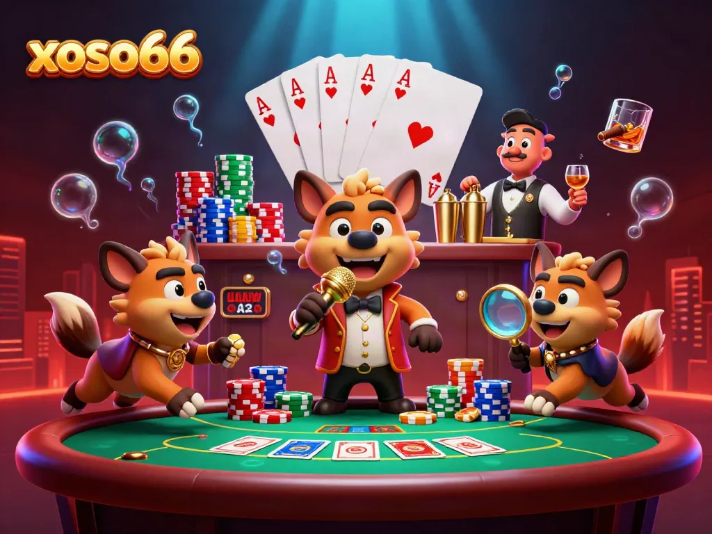 Experience the vibrant casino world with xoso66 characters enjoying poker and drinks in a lively scene.