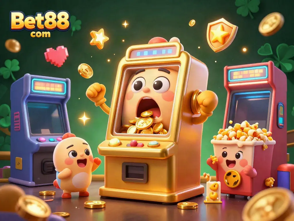 Experience excitement at Bet88 com with a golden slot machine hitting its jackpot, surrounded by cheering machines and festive elements.