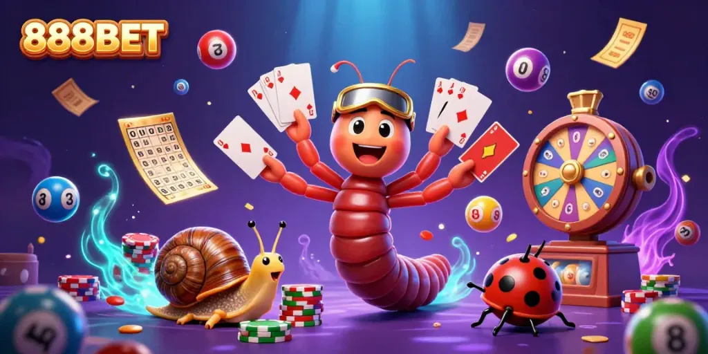 Experience thrilling games with vibrant 888BET characters, lottery elements, and casino excitement in an immersive scene.