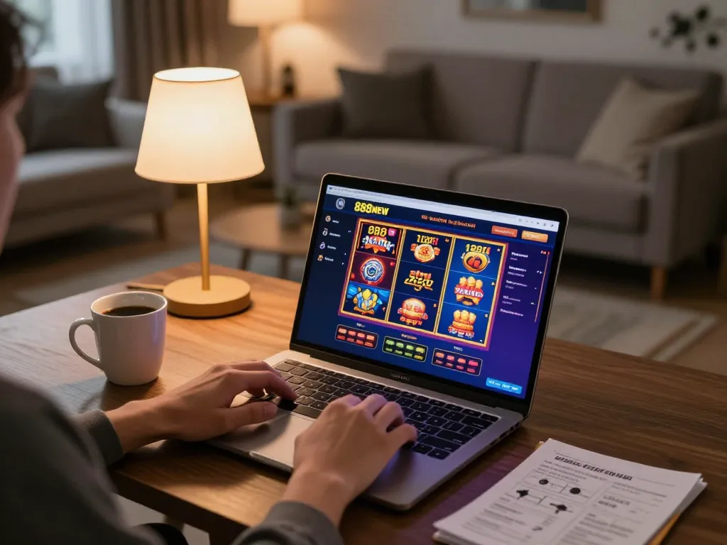 888NEW gaming setup showing a player focused on online casino slots in a cozy home environment.