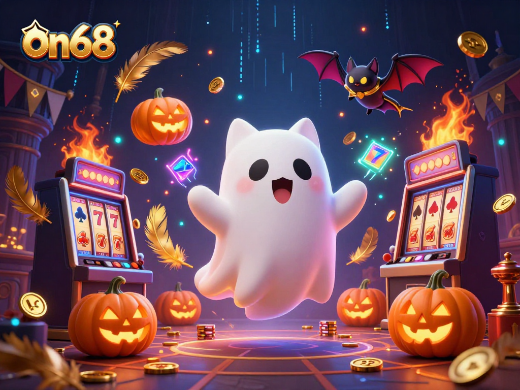 Experience thrilling gameplay with on68 in a vibrant haunted casino scene filled with ghosts and glowing tokens.