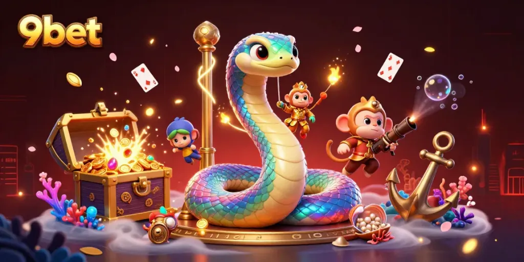 Experience thrilling gameplay at 9bet with a colorful illustration of casino elements and characters.