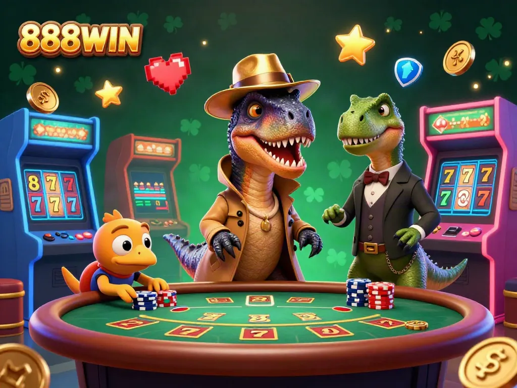 Engage with 888WIN as a velociraptor card counter at a vibrant blackjack scene filled with gaming elements.