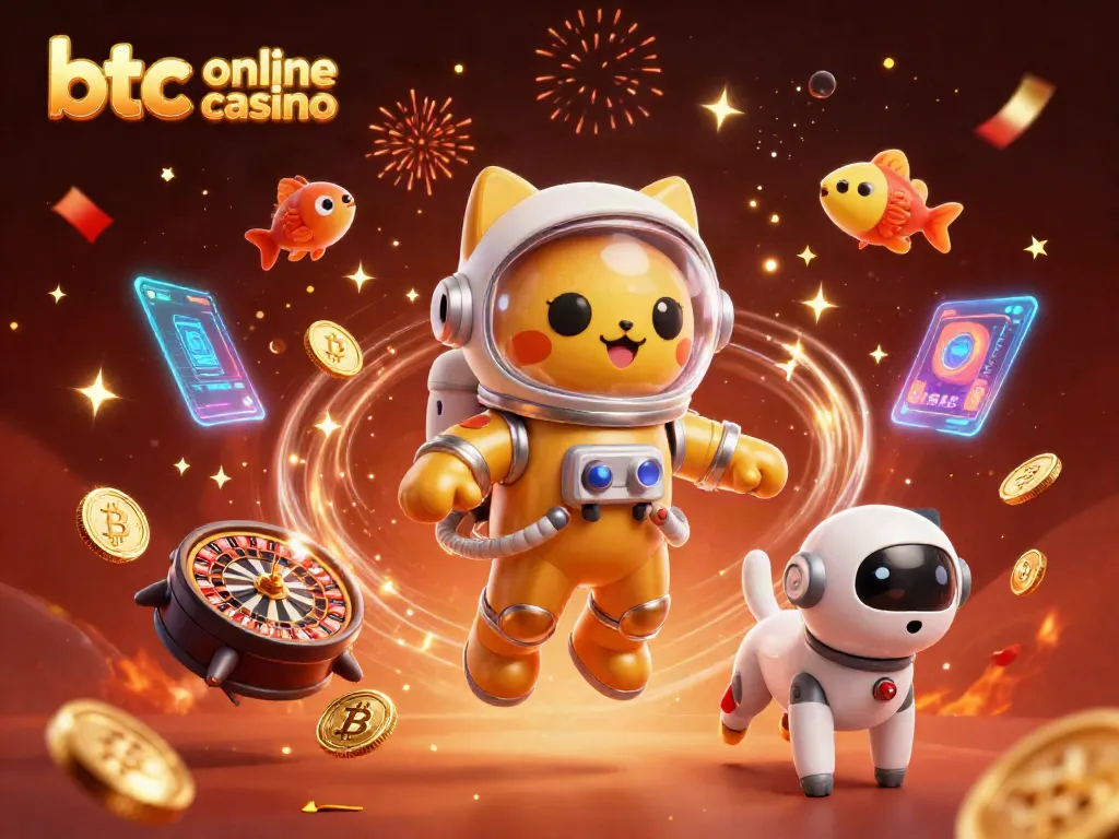 Experience the excitement of btc online casino with a vibrant, magical 3D scene featuring games and characters.