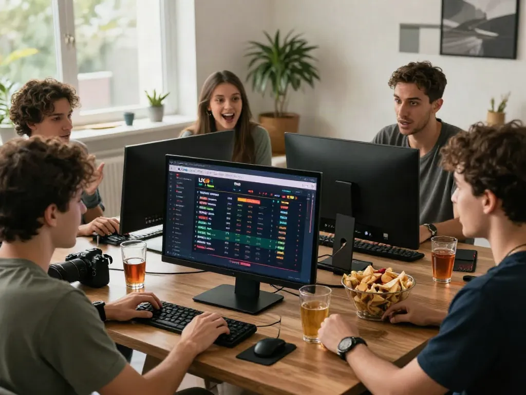 Excited friends exploring betting options on https://uk88win.org/ in a modern gaming space, showcasing online gambling enthusiasm.